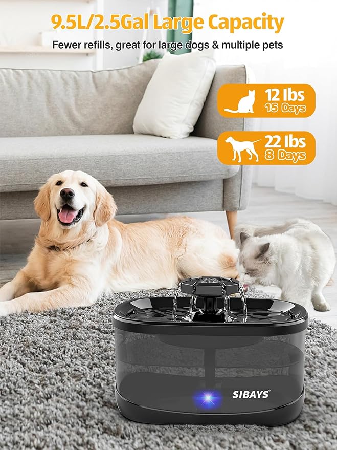 SIBAYS 2.5Gal/9.5L Dog Water Fountain, 3 Flow Modes Pet Water Fountain for Cats, Dog Water Bowl Dispenser with 7" Large Filter & Ultra Quiet Pump, BPA-Free, Ideal for Large Dogs, Multi-pet(FS68)-Mewly Pet