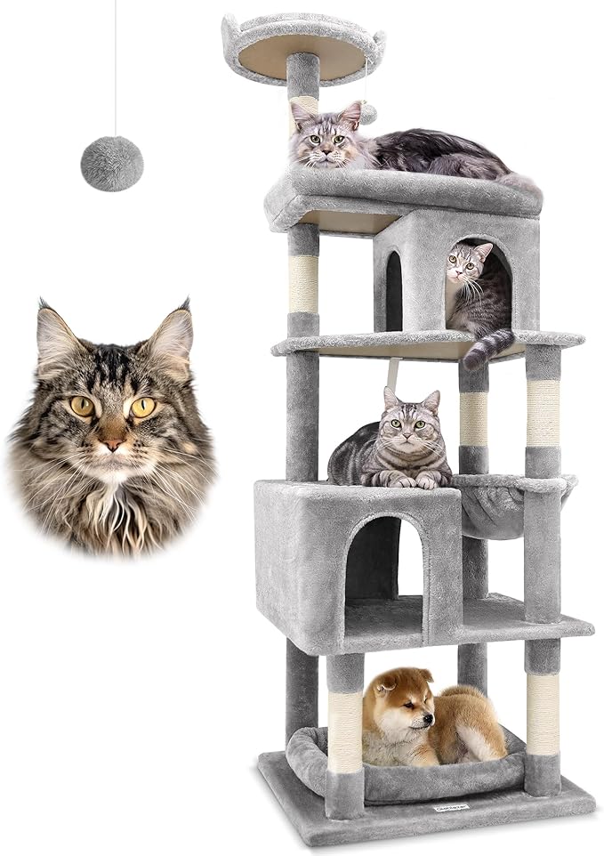Globlazer Heavy Duty Cat Trees for Large Cats, Sturdy 72in Maine Coon Cat Tree for Large Cats 20 lbs+ Heavy Duty Cat Tower for Adult Biggest Cat with 6 Scratching Posts, Hammock, S72, Light Grey-Mewly Pet