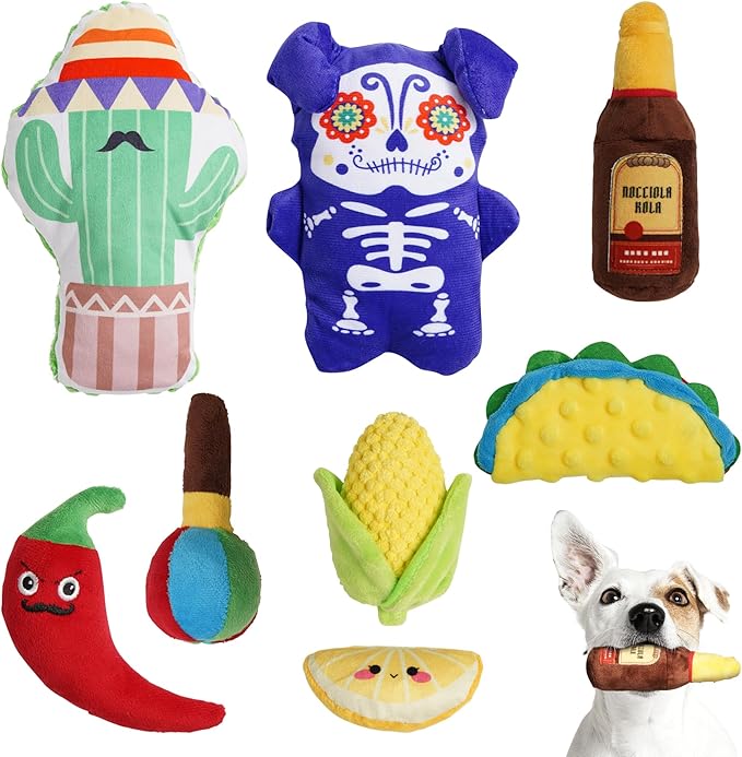 Nocciola Mexican Style Squeaky Dog Toys, Cute Soft Plush Stuffed Crinkle Chew Puppy Toys for Small Medium Breed, 8 Packs-Mewly Pet