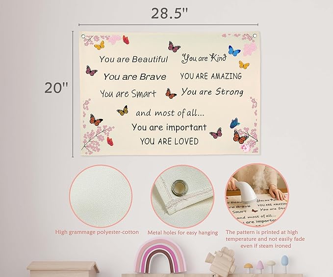 You are Beautiful-Girls Nursery Rectangular Canvas Banner-Flag Wall Sign for Girl Kids-Baby Room Nursery Above Crib Bedroom Dorm Wall Decor- Baby Growth Stuff-Baby Shower Birthday Christmas Gift