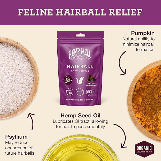 Hemp Well Cat Hairball Soft Chews for Cats, Organic USA Grown, Chicken Cheese & Catnip Flavor!-Mewly Pet