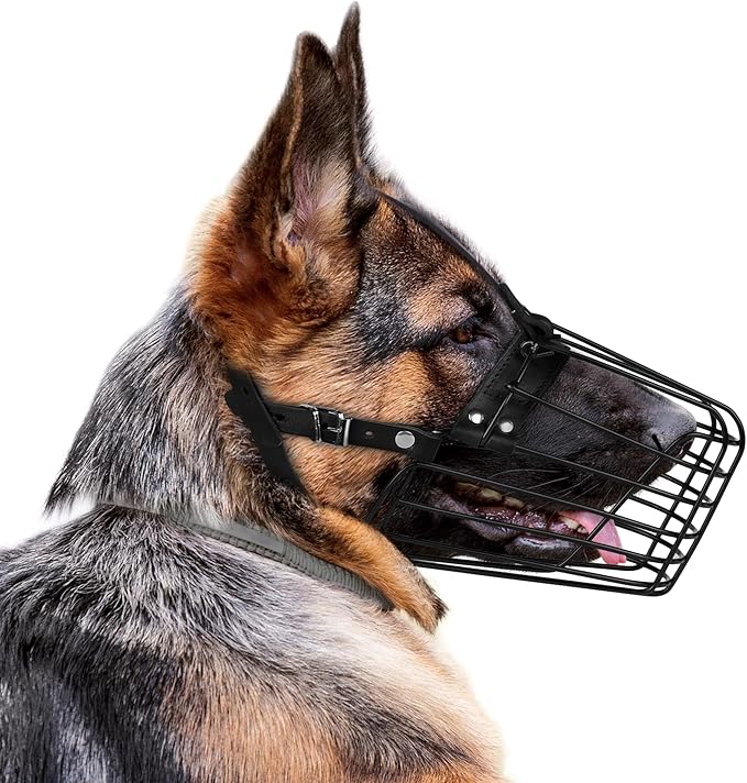 German Shepherd Dog Muzzle Metal Basket for Medium Large Dogs Adjustable Durable Leather Straps Secure Wire Mask for Biting Chewing Barking (Black, M - Size)-Mewly Pet
