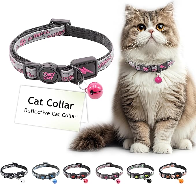 DOCO Cat Collar (Neck Girth - 3/8" x 7.5-12", Weight Upto - 13lb) Reflective Cat Collar with Bell, Breakaway Safety Buckle, Adjustable Nylon Strap for Kittens & Adult Cats (Pink)-Mewly Pet