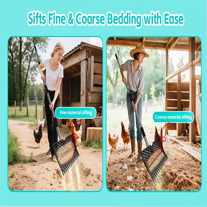 12-Inch 2-in-1 Chicken Poop Scooper & Rake – US Patent Pending – 3-Shape Sifting Holes Chicken Coop Rake，Stainless Steel Handle （20–61"）– Litter Scoop Sand & Sifting Shovel for Chicken Coops (Black)-Mewly Pet