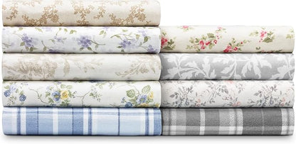 Laura Ashley - Flannel Sheets King Size, Anti-Pilling & Wrinkle Resistant Cotton, Touchably Soft for All-Season Comfort - Bed Sheets with Matching Pillowcases & Fitted Sheet (Crestwood Pastel Grey)