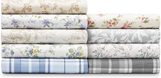 Laura Ashley - Flannel Sheets Full Size, Anti-Pilling & Wrinkle Resistant Cotton, Touchably Soft for All-Season Comfort - Bed Sheets with Matching Pillowcases & Fitted Sheet (Crestwood Pastel Grey)