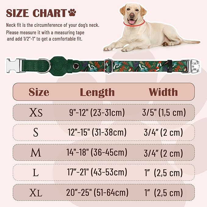 AirTag Dog Collar for Small Medium Large Breed - Adjustable Cute Pattern Dog Collar with Airtag Holder - Soft Leather Tracker GPS Apple Air Tag Pet Collars (X-Small, 9"-12" Neck Fit, Mushroom)-Mewly Pet