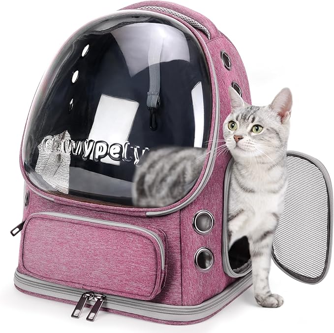 Cat Backpack Carrier, Breathable Cat Carrier Large Space Bubble Pet Backpack for Kitty Small Dog up to 15lbs, Transparent & Foldable Pet Carrier for Travel Hiking（Pink）-Mewly Pet