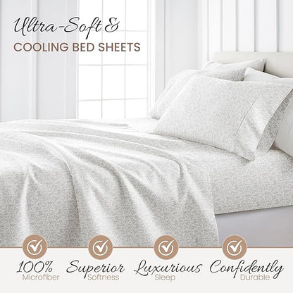 Linen Market Double-Brushed Patterned Microfiber California King Sheet Set 4 Piece – Oeko-TEX Certified Ultra Soft & Wrinkle-Free - 16" Deep Pocket Sheets Easy Care Cal-King Size - Vines Light Gray