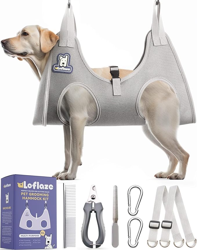 Dog Grooming Hammock Harness for Dogs & Cats with Pet Nail Clipper Trimmer - Cat Hanger Sling for Trimming Clipping Nails- Dog Hammock Restraint Bag for Small Medium Large pet （ Grey XL ）-Mewly Pet
