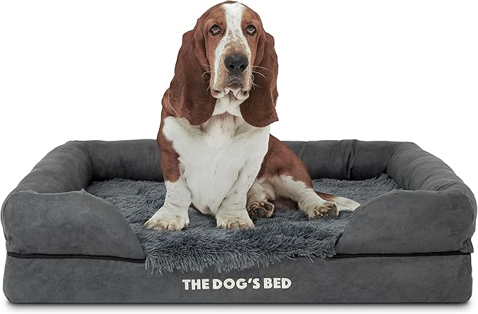 The Dog’s Bed, Large Grey Fur, Memory Foam, Pain Relief: Arthritis, Hip & Elbow Dysplasia, Post Surgery, Lameness, Supportive, Calming, Waterproof Washable Cover, Veterinary Approved-Mewly Pet
