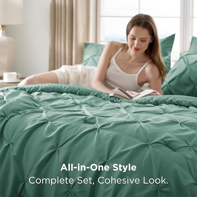 Bedsure Queen Comforter Set Graysih Green - Bed in a Bag Queen Size Bedding 7 Pieces, GentleSoft™ Pintuck Bed Set Gift for Family, Pinch Pleat All Season Comforter with Sheets, Pillowcases & Shams