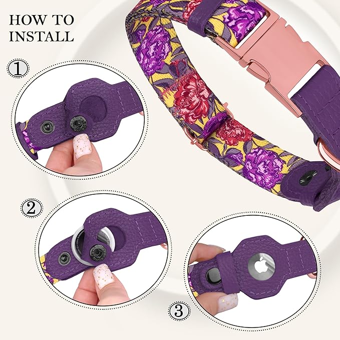 AirTag Dog Collar for Small Medium Large Breed - Adjustable Cute Pattern Dog Collar with Airtag Holder - Soft Leather Tracker GPS Apple Air Tag Pet Collars (Small, 12"-15" Neck Fit, Peonies)-Mewly Pet