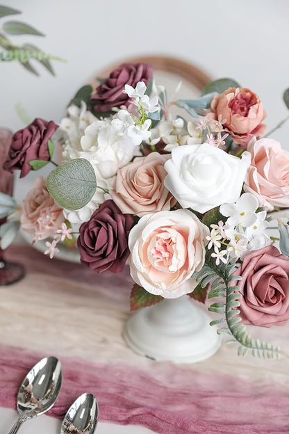 Artificial Flowers Box Set Dusty Roses Fake Silk Flowers Pink Fake Roses DIY Wedding Bridal Bouquets Baby Shower Cake Flowers Home Decoration