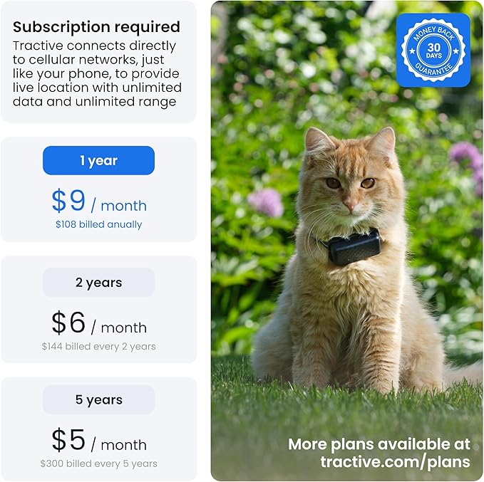 Tractive Smart Cat GPS Tracker | Real-Time Location & Wellness Monitoring for Cats 6.5 lbs+ | Territory & Location History | Up to 5-Day Battery | Breakaway Collar Included (Dark Blue)-Mewly Pet
