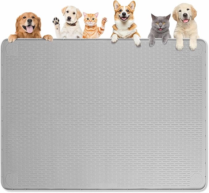Dog Food Mat, Extra Large 50" x 35" Silicone Pet Feeding Mat with Raised Edge Pet Placemat for Small, Medium, and Large Pets Non-Slip, Easy to Clean (Grey)-Mewly Pet