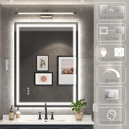 24x32 Inch Led Mirror for Bathroom with Front Light and Backlit, Dimmable Anti Fog Wall Bathroom Mirror with Led Lights, Water Proof, Decor Vanity Mirror