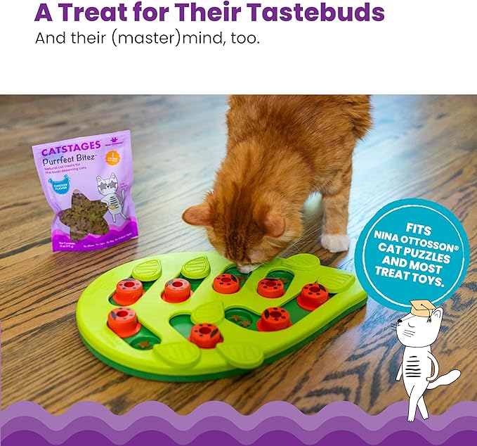 Catstages by Nina Ottosson Purrfect Bitez Natural Crunchy Cat Treats for Puzzles, Toys, Feeders, & Training, USA-Made, Real Chicken Flavor, 4oz-Mewly Pet