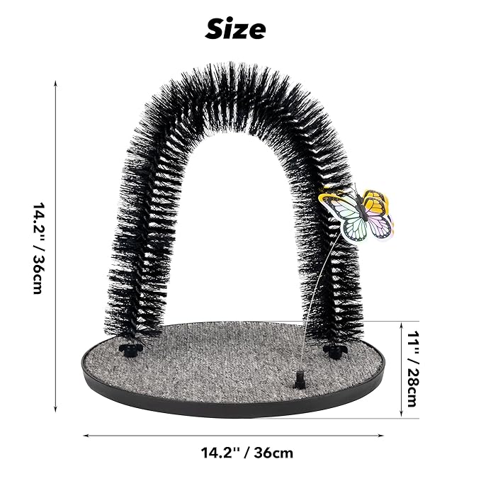 Pet Prime 2in1 Cat Arch Self Groomer for Indoor Cats, Back Scratcher Grooming Massage Brush With Sturdy Scratching Pad, Durable Brusher and Butterfly Toy-Mewly Pet