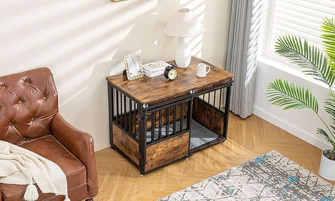 KOOPRO 40 Inch Dog Crate Furniture with Cushion for Large Medium Dogs, Wooden Heavy Duty Dog Kennel with Double Doors, Decorative Pet House Dog Cage Side End Table Indoor, Sliding Door Chew-Resistant-Mewly Pet