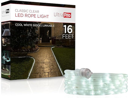 UltraPro LED Rope Lights, 16ft Classic Clear Rope, Cool White Light 5000K, Indoor/Outdoor, Flexible, Linkable, Durable, Rope Lights Outdoor, 54842