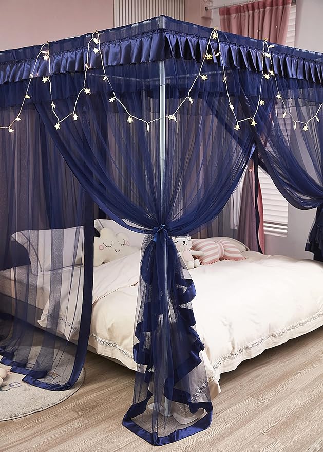 Mengersi Canopy Bed Curtains Bed Canopy Royal Luxurious Cozy Drapes Netting- Elegant Bed Sheer Bedroom Decoration Accessories for Adults(Navy Blue,Queen)