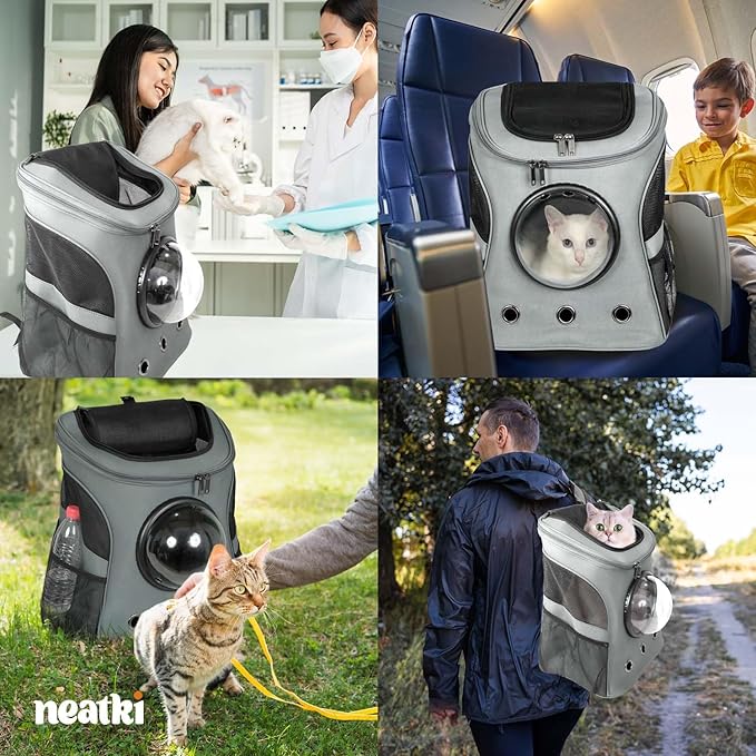 Cat Backpack Carrier, Airline Approved, Space Capsule Bubble Design, Ideal for Cats & Dogs up to 28-35 lbs, with Strong Straps, Safety Zippers, Mesh, Comfortable for Hiking & Travel (Grey)-Mewly Pet