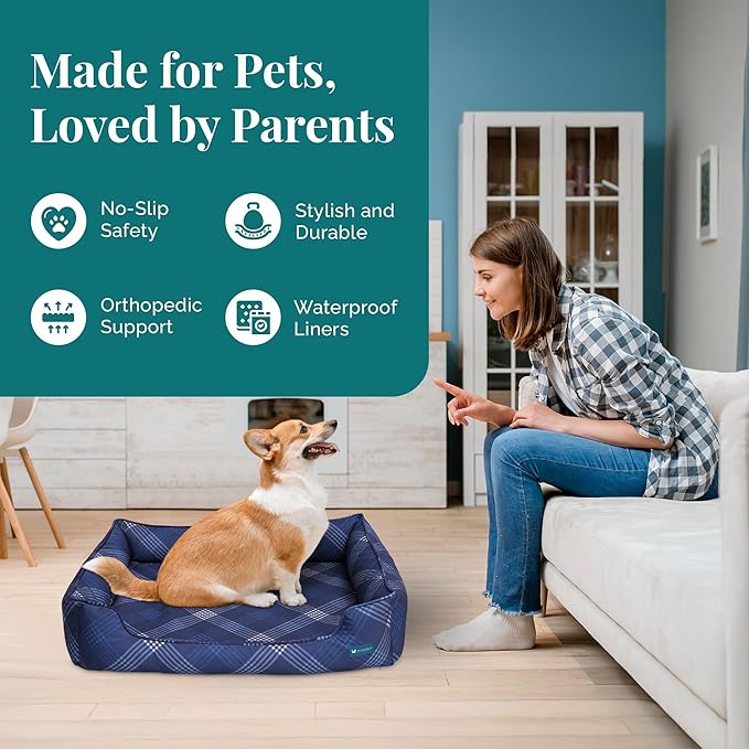 Orthopedic Bolster Dog Bed – CertiPUR-US Foam, Recycled Polyester Canvas, Washable Cover, Anti-Slip Bottom, Small, Navy Plaid – Stylish Designer Dog Sofa-Mewly Pet