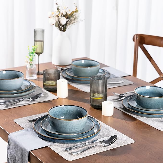 GBHOME Ceramic Dinnerware Sets for 4, 12 Pieces Stoneware Plates and Bowls Sets, Reactive Glaze Dishes -Scratch Resistant, Dishwasher&Microwave Safe, Space Blue-Mewly Pet