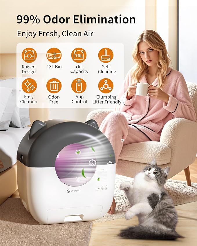 Self Cleaning Litter Box,76L Automatic Cat Litter Box Self Cleaning with APP Control,Low Noise,Safety Protection,Roll Garbage Bags,Deodorizer and Cleaning Brush for Multiple Cats-Mewly Pet