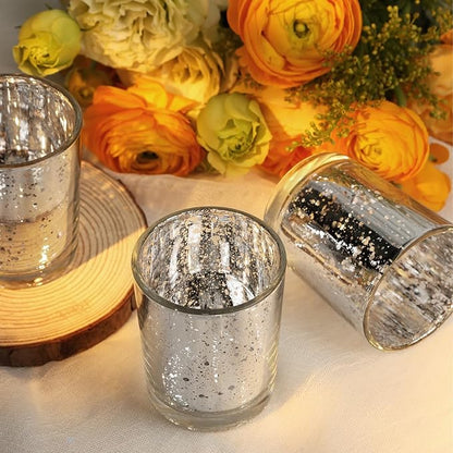24 Pcs Silver Votive Candle Holders, Speckled Mercury Silver Glass Candle Holder Bulk for Wedding Centerpiece Table Decor, Tea Lights Candle Holder for Valentines Day Decor, Home Decor
