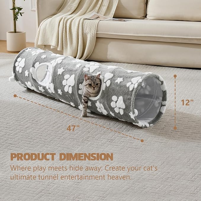 Straight Cat Tunnel for Indoor Cats 47"x12", Cute Cat Toys Collapsible Tunnel Tube with Balls for Puppy Kitten Rabbit, Grey Paw-Mewly Pet