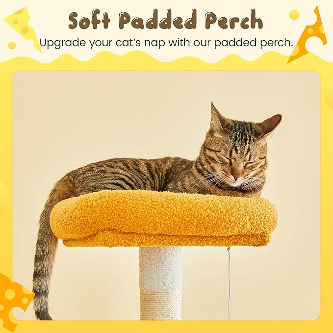 MWPO Cat Tree, 63.8-Inch Cat Tower for Indoor Cats, Multi-Level Cat Condo with 5 Scratching Posts, 2 Perches, Hammock, Dangling Toys, Yellow-Mewly Pet