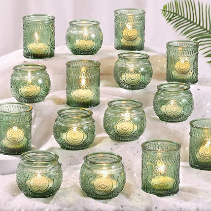 DARJEN 48Pcs Green Votive Candle Holders- Glass Candle Holders Bulk for Flameless LED Tea Waxes, Romantic Candle Holder for Wedding Decor, Various Parties & Dinner Table