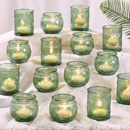 DARJEN 48Pcs Green Votive Candle Holders- Glass Candle Holders Bulk for Flameless LED Tea Waxes, Romantic Candle Holder for Wedding Decor, Various Parties & Dinner Table