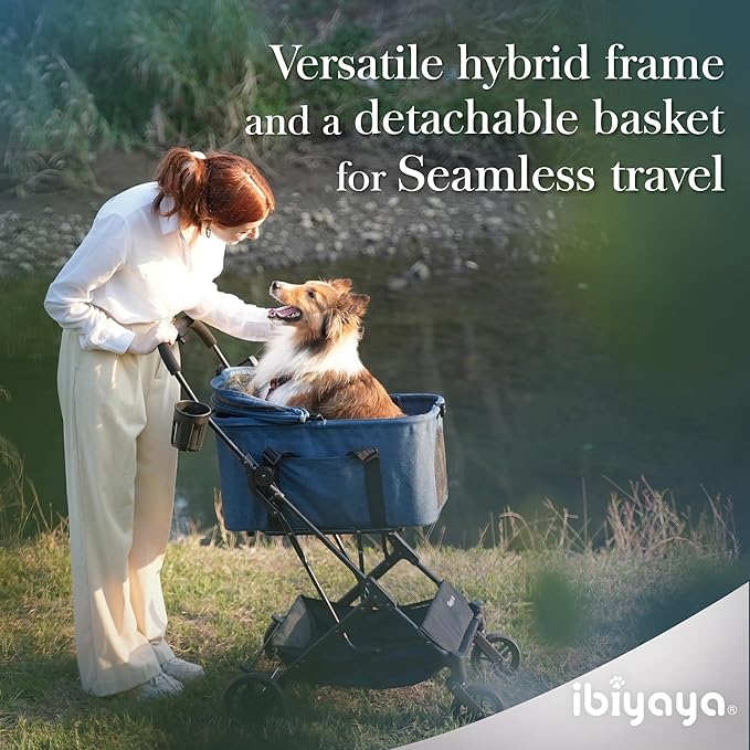 ibiyaya Essential – Travois Tri-Fold Pet Travel System for Medium Dogs, Cats, and More, 3 in 1 Dog Stroller with Detachable Carrier, XL Cabin (Nautical Blue)-Mewly Pet
