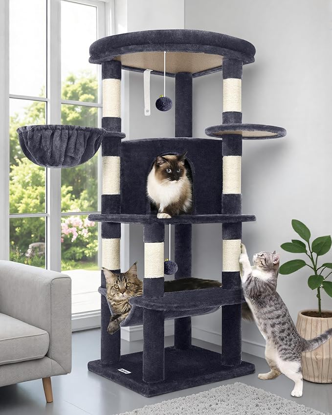 Globlazer Corner Cat Tree Tower for Indoor Cats, 51in Multi-Level Cat Condo Tower with Large Hammock, 7 Sisal Scratching Posts, Oversized Top Perch, Spacious Cat Cave, Hanging Basket, C51, Dark Grey-Mewly Pet