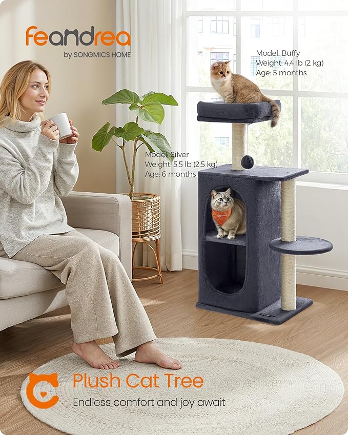 Feandrea Cat Tree Tower with 2 Caves for Multi-Cat Households, Kittens, Scratching Posts, Dark Gray UPCT005G02-Mewly Pet