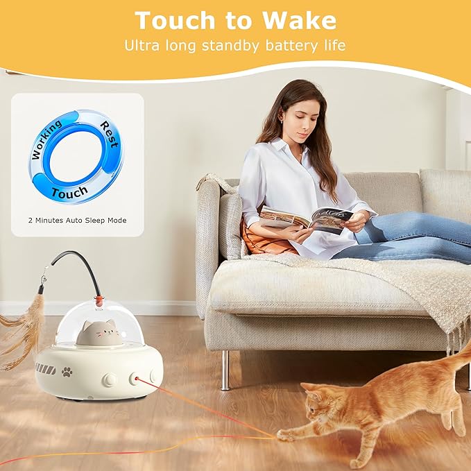 hooroor 2-in-1 UFO Laser Cat Toy – Automatic Motion with Feather, Rechargeable Smart Sensor Interactive Toy for Indoor Cats & Dogs, Fun Exercise & Play, Perfect Pet Gift-Mewly Pet