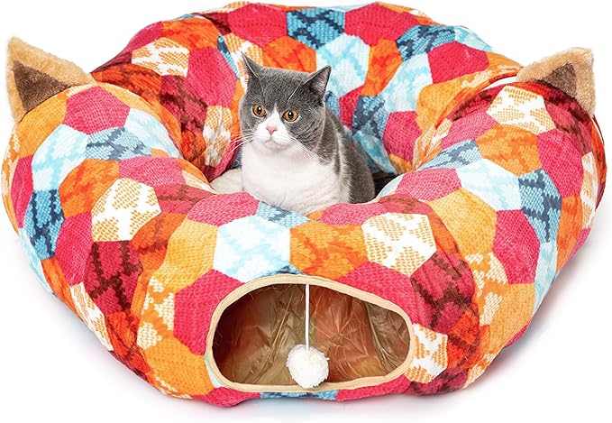 AUOON Cute Cat Donut Tunnel - Interactive Cat Tunnel Bed for Indoor Cats Kitten Kitty Puppy Rabbit Ferret (Orange)-Mewly Pet