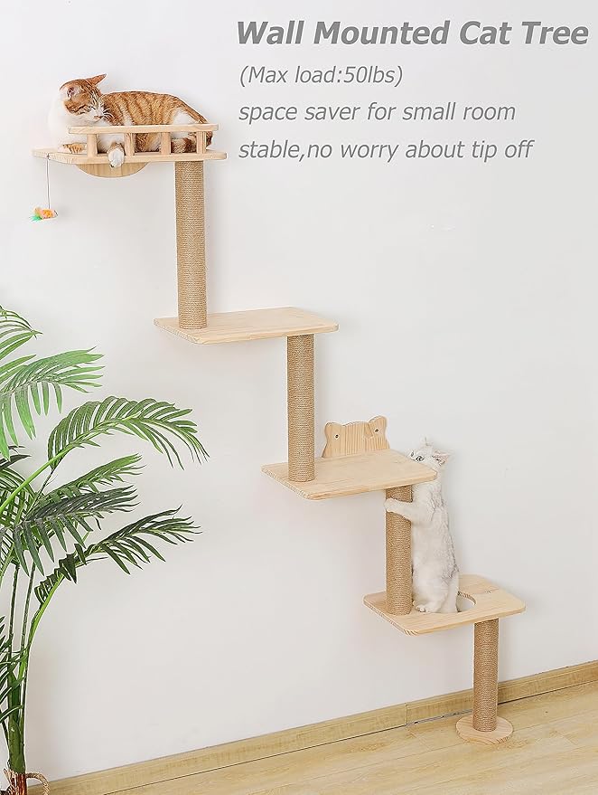 Cat Tree Wall Mounted with 4 Levels Shelves, 73" Wood Corner Tower Inside Kitten Scratching Post for Climbing,Perching and Lounging (Right to Left)-Mewly Pet