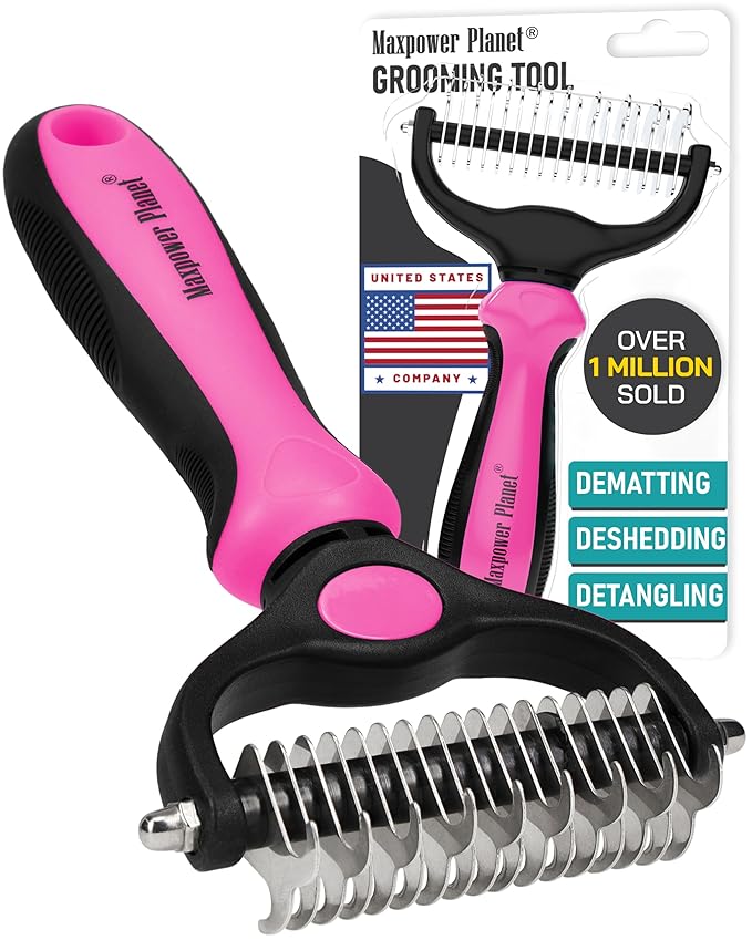 Maxpower Planet Hair Brush - Double Sided Shedding, Dematting Undercoat Rake for Dogs, Cats - Extra Wide Dog Grooming Brush, Pink-Mewly Pet