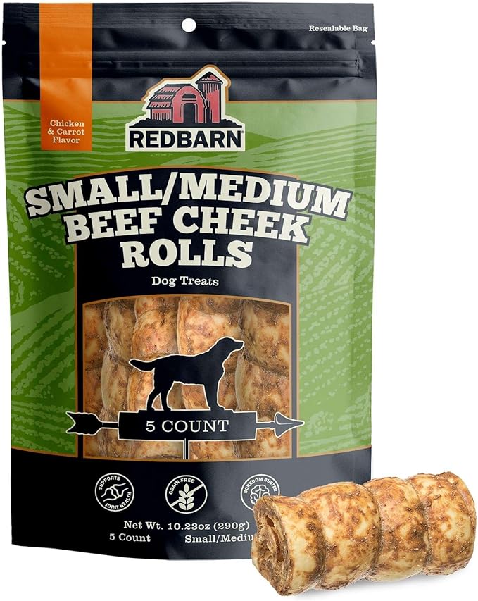 Redbarn Pet Products All-Natural Small/Medium Beef Cheek Rolls for Dogs, Chicken & Carrot Glazed - Single Ingredient Grain-Free Chew Treat Naturally Rich in Collagen - 5 Pack - Packaging May Vary-Mewly Pet