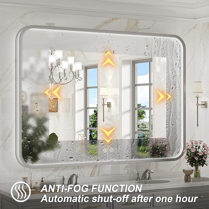 LED Bathroom Mirror with Lights,48x36 Inch Brushed Silver Framed Lighted Vanity Mirror,Anti Fog Stepless Dimmable Wall Mounted(Horizontal/Vertical)