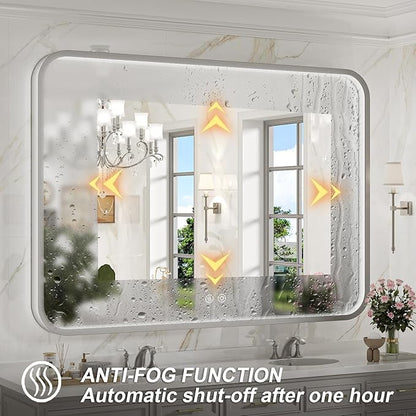 LED Bathroom Mirror with Lights,48x36 Inch Brushed Silver Framed Lighted Vanity Mirror,Anti Fog Stepless Dimmable Wall Mounted(Horizontal/Vertical)