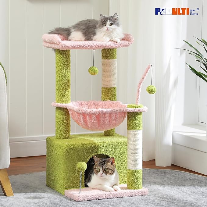 PEQULTI 4-in-1 Multi-Level Cat Tower, 33'' Pink Cat Tree for Indoor Cats with Large Condo, Scratching Post for Cats with Deep Hammock& Cozy Top Perch-Mewly Pet
