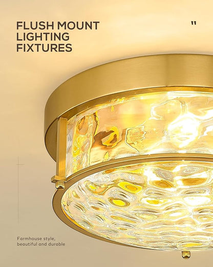 FEMILA 12" Brushed Gold Flush Mount Ceiling Light, Light Fixtures Ceiling Mount with Water Ripple Glass, for Kitchen, Bedroom, Living Room, 4FTJ22WG-F BG