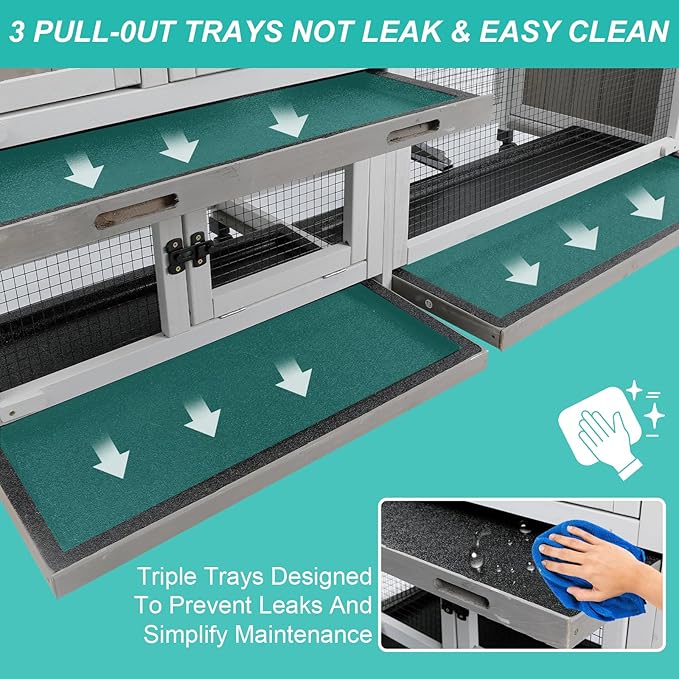 2-Tier Rabbit Hutch with Wheels, Indoor & Outdoor Small Animal Cage with Deep Pull-Out Tray, Anti-Chew Frame, Habitat for Bunny, Guinea Pig, Chinchilla (60" L x 19" W x 35" H)-Mewly Pet