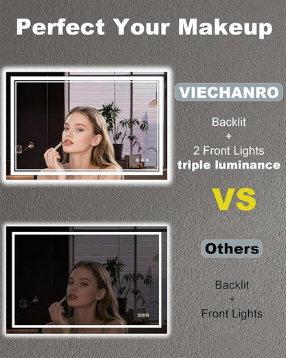 48x32 Inch LED Lighted Bathroom Mirror, Light Up Bathroom Vanity Mirror Unbreakable with 2 Front Lights & Back Lit, 3 Colors Stepless Dimmable, Anti-Fog, Memory Function, Closable Blue Buttons