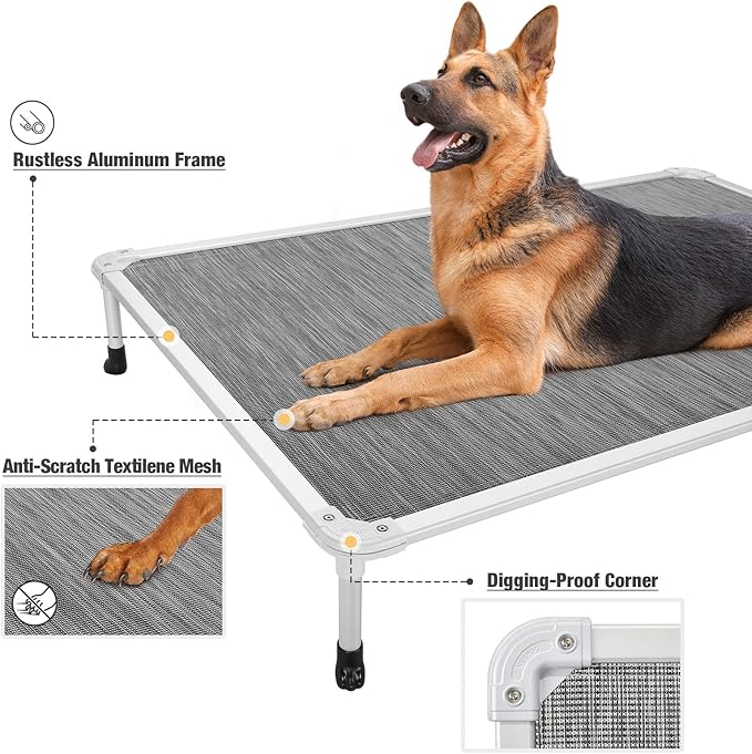 Veehoo Chew Proof Elevated Dog Bed - Cooling Raised Pet Cot - Silver Aluminum Frame and Durable Textilene Mesh Fabric, Unique Designed No-Slip Feet for Indoor or Outdoor Use, Black Silver, XX Large-Mewly Pet